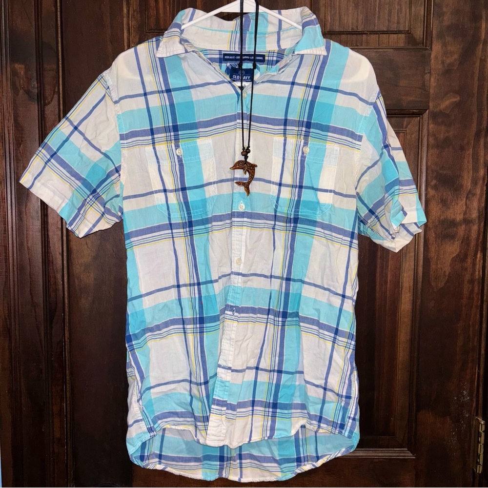 Old Navy Men's Blue and Yellow Plaid Shirt